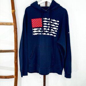 Columbia PFG Mens XL Navy Blue Flag Pullover Hoodie Performance Fishing Gear